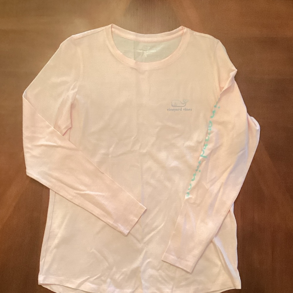 Vineyard Vines Lightweight Long Sleeve Tee in Light Pink with Aqua Logo